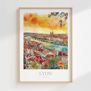 May include: A watercolour painting of the city of Lyon, France. The painting depicts a cityscape with buildings, a river, and a bridge. The sky is a vibrant yellow and orange, with a few birds flying overhead. The text "LYON" and "FRANCE" is printed below the painting.