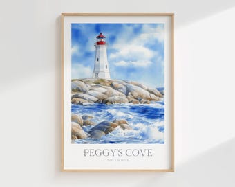 Könnte beinhalten: Aquarelldruck des Leuchtturms von Peggy's Cove in Nova Scotia. Der weiße Leuchtturm mit roter Spitze steht auf einer felsigen Küste, mit blauen Wellen, die unter blauem Himmel gegen die Felsen schlagen. Der Druck ist in einem Holzrahmen.