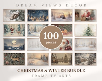 May include: A collection of framed Christmas and winter-themed art prints. The images feature snowy landscapes, Santa Claus, and festive scenes. The text reads "DREAM VIEWS DECOR" and "CHRISTMAS & WINTER BUNDLE FRAME TV ARTS". A central circle states "100 pieces".