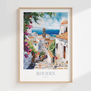 Póster de acuarela de Rodas, Grecia, descarga digital, arte de pared imprimible de Rodas, decoración del hogar de Rodas, impresión digital de Rodas, póster de Grecia de Rodas