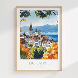 Póster de acuarela de Lausana, Suiza. Descarga digital. Arte de pared imprimible. Decoración del hogar. Póster digital. Póster de viaje impreso de Lausana.