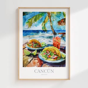 Póster de acuarela de Cancún, México, descarga digital, arte de pared imprimible, arte de playa de Cancún, decoración del hogar, impresión digital, México, descarga de póster, taco