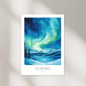 May include: Watercolor painting of the aurora borealis over a snowy landscape with mountains and a lake. The sky is a deep blue with green and yellow streaks of light. The text "AURORA" and "ICELAND" is at the bottom of the image.