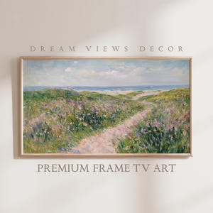 May include: A painting depicting a path winding through a field of wildflowers towards a beach with blue water and a cloudy sky.