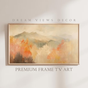 Puede incluir: Pintura de paisaje enmarcada con una cordillera al fondo. La obra presenta una paleta de colores de naranjas, verdes y marrones apagados. Se muestra el texto "DREAM VIEWS DECOR" y "PREMIUM FRAME TV ART".