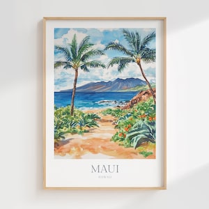 Póster de acuarela de Maui, Hawái, descarga digital, arte de pared imprimible de Maui, Hawái, decoración del hogar, impresión de póster digital de Maui, descarga de arte de pared de viaje