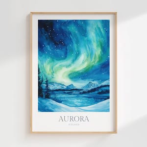 May include: A watercolor painting of the aurora borealis, also known as the Northern Lights, over a dark blue lake and snow-covered mountains. The sky is a vibrant green and blue with white stars. The text "AURORA ICELAND" is at the bottom of the painting.