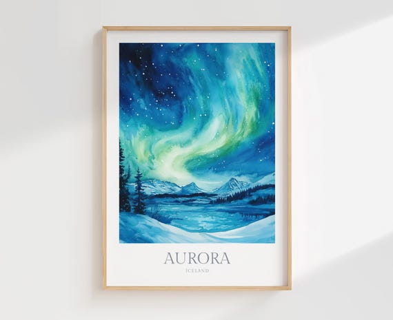 Aurora Borealis Iceland Print, Watercolor Landscape (Digital Download)