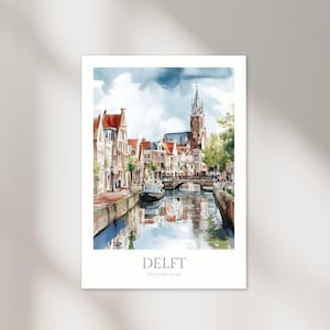 Impresión de Delft, Países Bajos, póster de acuarela, decoración de pared imprimible de Delft, póster de Delft, Países Bajos, descarga digital, impresión artística de viaje