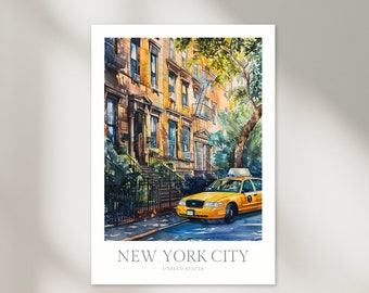 New York City Taxi Watercolor Poster Digital Download Printable Wall Art New York Art Home Decor Digital Print Manhattan Download Poster