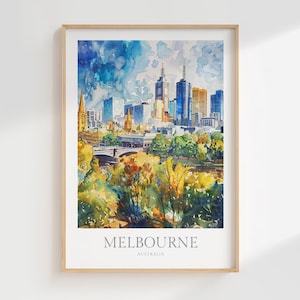 May include: A watercolour painting of the Melbourne skyline with a bridge in the foreground and trees in the middle ground. The city buildings are painted in shades of blue, yellow, and white. The text "MELBOURNE" and "AUSTRALIA" is printed below the image.