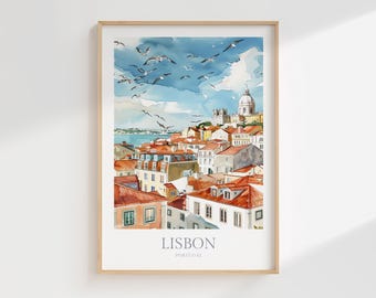 Lissabon Aquarell Druck, Portugal Stadtbild Poster (Digitaler Download)