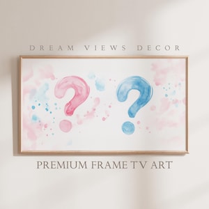 May include: A framed watercolor print with a pink and blue question mark on a white background. The background is decorated with pink and blue watercolor splatters.