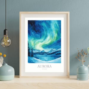 May include: A watercolor painting of the aurora borealis over a snowy landscape in Iceland. The sky is a deep blue with swirling green and yellow lights. The text "AURORA ICELAND" is at the bottom of the painting.