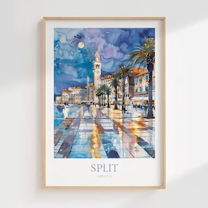 May include: A watercolor painting of a cityscape with a tall clock tower, palm trees, and a waterfront. The scene is lit by the moon and streetlights, reflecting on the wet pavement. The text "SPLIT CROATIA" is at the bottom of the painting.