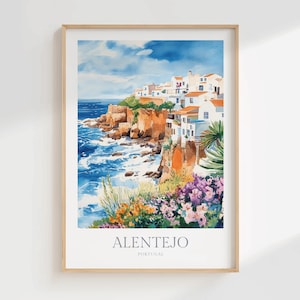 Alentejo Portugal Watercolor Poster Digital Download Printable Wall Art Decor Alentejo Print Download Portugal Travel Art Print Coastal View