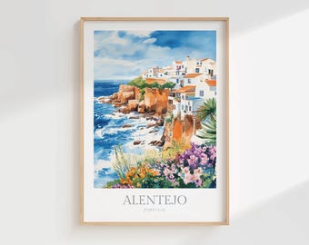 Aquarelkunstdruk Alentejo Portugal, kustgezicht (digitale download)