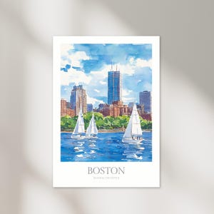 May include: A watercolor painting of the Boston skyline with sailboats in the water. The painting features a blue sky with white clouds, a tall building in the center, and other buildings in the background. The water is a light blue color and the sailboats are white.