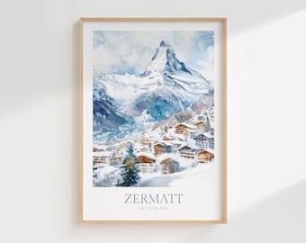 Zermatt Switzerland Watercolor Print, Matterhorn Poster (Digital Download)