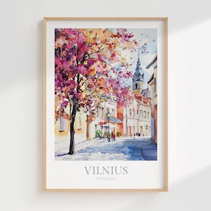 Lámina de acuarela de Vilna, Lituania, póster de paisaje urbano (descarga digital)