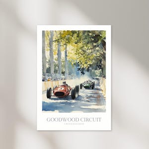Może przedstawiać: Akwarela przedstawiająca czerwony samoch&oacute;d wyścigowy jadący po torze otoczonym drzewami. Samoch&oacute;d znajduje się na pierwszym planie, a na drugim planie widać inny zielony samoch&oacute;d. Na dole obrazu widnieje napis "GOODWOOD CIRCUIT UNITED KINGDOM".