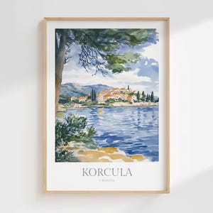 May include: A watercolor painting of a town on a small island in Croatia. The town is surrounded by water and has a lush green tree in the foreground. The painting is titled "KORCULA, CROATIA".