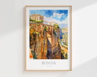 Stampa ad acquerello di Ronda, Spagna, raffigurante il ponte Puente Nuevo (download digitale)