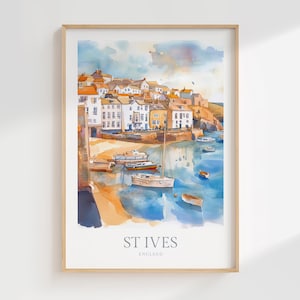 May include: A watercolor painting of St. Ives, England, featuring a harbor with boats and colorful buildings along the waterfront.
