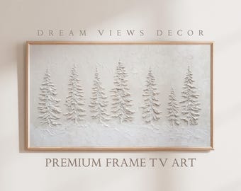 Samsung Frame TV art Vintage Winter Landscape Textured Abstract Fir Trees Painting Christmas Frame TV art Snow Neutral Modern Minimalism Art