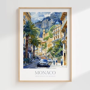 Affiche aquarelle de Monaco en téléchargement numérique Monaco imprimable murale Art déco Monaco impression numérique téléchargement Principauté de Monaco affiche France