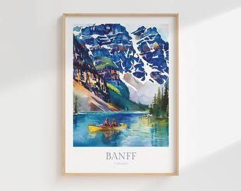 May include: A watercolor painting of a mountain lake scene in Banff, Canada. Two people are paddling a yellow canoe in the turquoise water. The mountains in the background are snow-capped and have a blue and green color scheme.