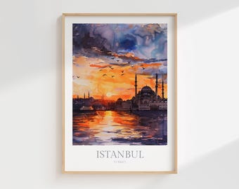 イスタンブール トルコ 水彩画ポスター イスタンブール デジタルダウンロード トルコ 印刷可能な壁アート イスタンブール ホームデコレーション イスタンブール デジタルプリント 夕日