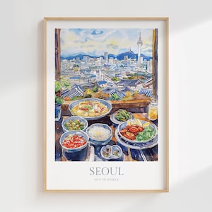 Póster de acuarela de Seúl, Corea del Sur, descarga digital, arte imprimible de Seúl, descarga de impresión digital de Seúl, impresión de Seúl, póster de comida de Corea del Sur
