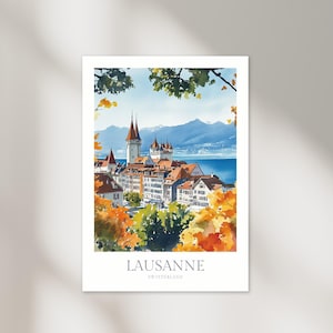 Póster de acuarela de Lausana, Suiza, descarga digital de Lausana, arte de pared imprimible, decoración del hogar, póster digital, póster de viaje con impresión de Lausana
