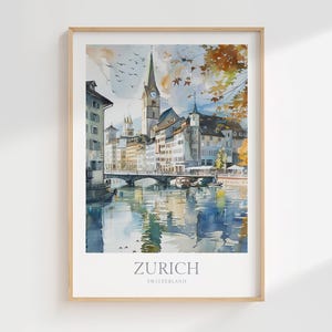Affiche aquarelle de Zurich, Suisse, téléchargement numérique de Zurich, art mural imprimable, décoration d'intérieur, affiche numérique de Zurich, impression d'art, affiche de voyage