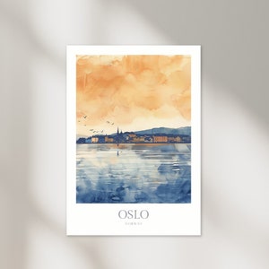 Oslo Noruega acuarela cartel digital descargar imprimible pared arte decoración Oslo impresión digital descargar cartel digital de Oslo Noruega cartel retro