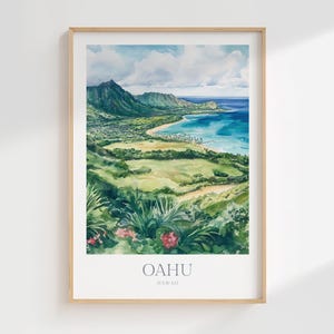 オアフ島 ハワイ 水彩画 ポスター デジタル ダウンロード オアフ島 印刷可能 壁アート ホーム デコレーション オアフ島 デジタル ポスター プリント ダウンロード ハワイ諸島 アート