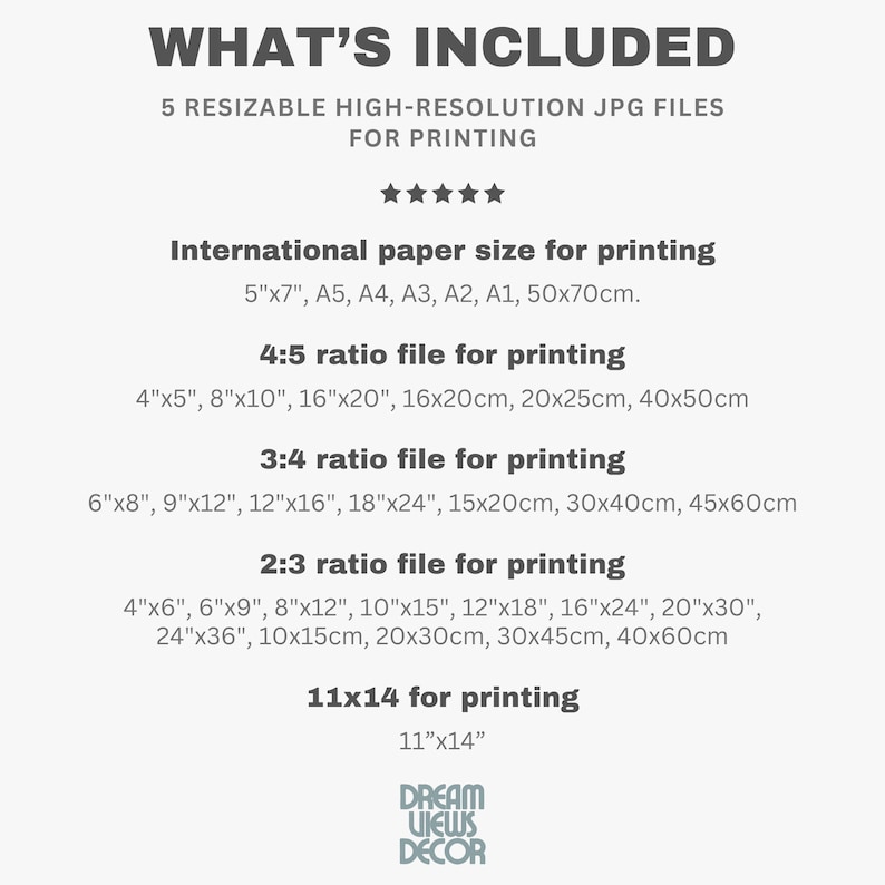 Może przedstawiać: Lista r&oacute;żnych rozmiar&oacute;w i proporcji plik&oacute;w do druku, kt&oacute;re są dołączone do pobrania cyfrowego. Tekst brzmi "What's Included" i "5 Resizable High-Resolution JPG Files for Printing". Tekst zawiera r&oacute;wnież listę r&oacute;żnych rozmiar&oacute;w i proporcji plik&oacute;w, w tym międzynarodowe rozmiary papieru, proporcje 4:5, 3:4 i 2:3 oraz 11x14.
