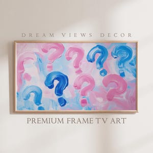 May include: Abstract painting with a pink and blue color scheme. The painting features a series of question marks painted in a brushstroke style. The background is a light blue and pink color.