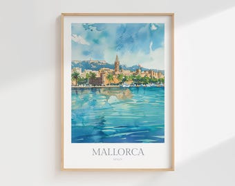 Mallorca Spain Watercolor Print, Coastal Cityscape (Digital Download)