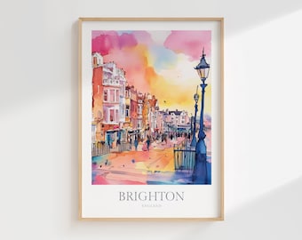 May include: A watercolor painting of a street scene in Brighton, England. The painting features colorful buildings, a street lamp, and people walking down the street. The sky is a vibrant pink and orange.