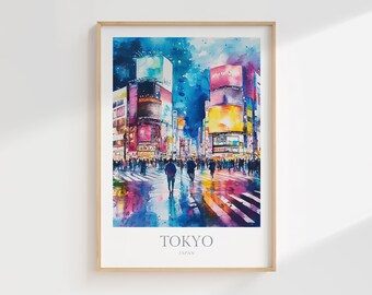 Shibuya Crossing Watercolor Print, Tokyo Poster (Digital Download)