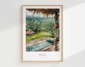 Könnte beinhalten: Ein Aquarellbild eines Blicks von einem Holzdeck in Bali, Indonesien. Das Bild zeigt einen üppigen grünen Reisfeld mit einer Hütte mit Strohdach im Hintergrund. Eine blaue Yogamatte liegt auf dem Deck, und eine Wasserflasche steht auf dem Boden.