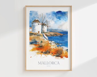 Mallorca Windmills Watercolor Print, Spain Home Decor (Digital Download)