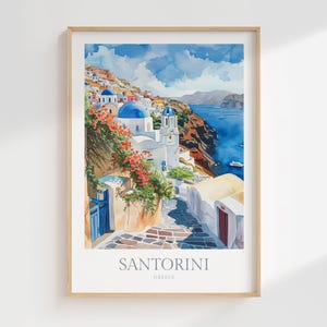 Santorini Griechenland Aquarell Poster Digitaler Download Santorini druckbare Wandkunst Wohnkultur Santorini Digitaldruck Download Thira Wandkunst