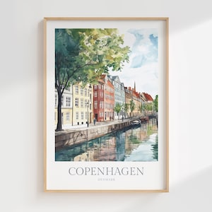 Impresión de póster de acuarela de Copenhague, Dinamarca, descarga de impresión de arte de pared imprimible de Dinamarca, impresión de decoración del hogar de Copenhague, arte de póster digital de Copenhague