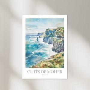 May include: A watercolour painting of the Cliffs of Moher in Ireland. The painting depicts the cliffs rising up from the sea, with waves crashing against the rocks. The sky is a light blue, and there are clouds in the distance.