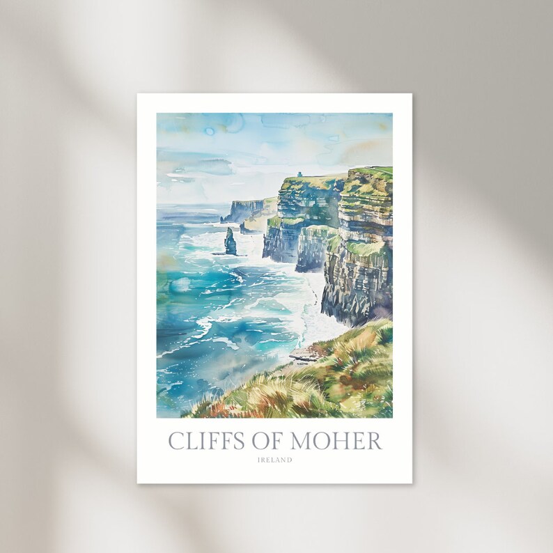 May include: A watercolour painting of the Cliffs of Moher in Ireland. The painting depicts the cliffs rising up from the sea, with waves crashing against the rocks. The sky is a light blue, and there are clouds in the distance.