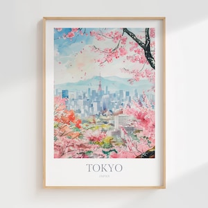 Póster de acuarela de Tokio, Japón, descarga digital, arte de pared imprimible de Tokio, decoración del hogar de Tokio, impresión digital de Japón, descarga de arte de flor de cerezo