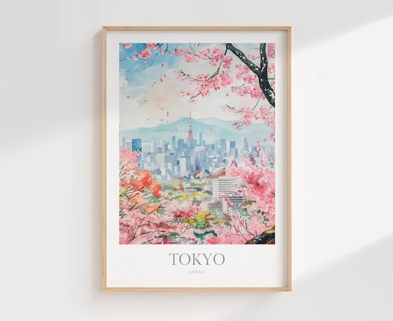 東京の桜の水彩画プリント、日本のインテリア装飾（デジタル